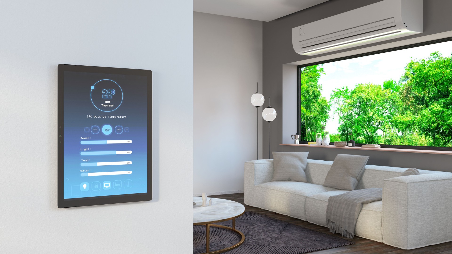 Smart Home and Air Conditioner Control Panel on Modern Living Room's Wall